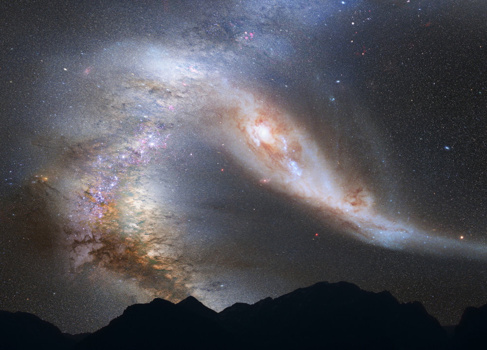 The sky is seen at night just before the predicted merger between our Milky Way galaxy and the neighboring Andromeda galaxy in this NASA photo illustration.