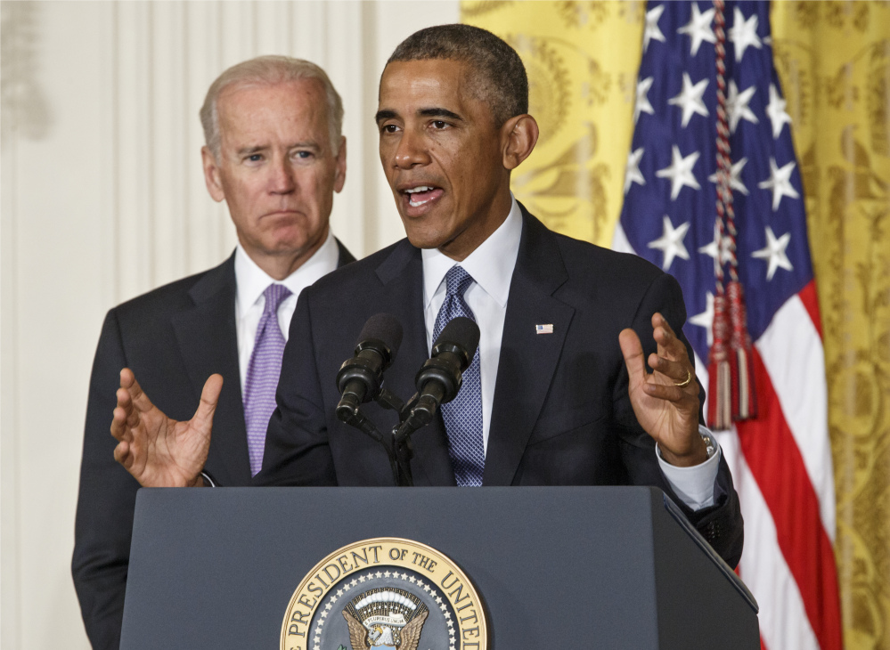 President Obama, with Vice President Joe Biden, outlines the “It’s On Us” campaign at the White House in Washington on Friday. Obama unveiled the new effort to change the way people think about campus sexual assault.