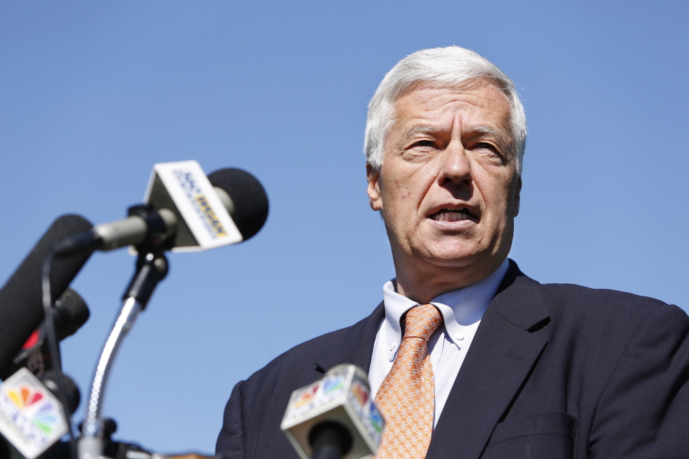 At top, U.S. Rep. Mike Michaud talks to the media about the gubernatorial debates at a news conference in Portland. Above, independent Eliot Cutler discusses the debate dispute between Michaud and Gov. Paul LePage at a news conference.