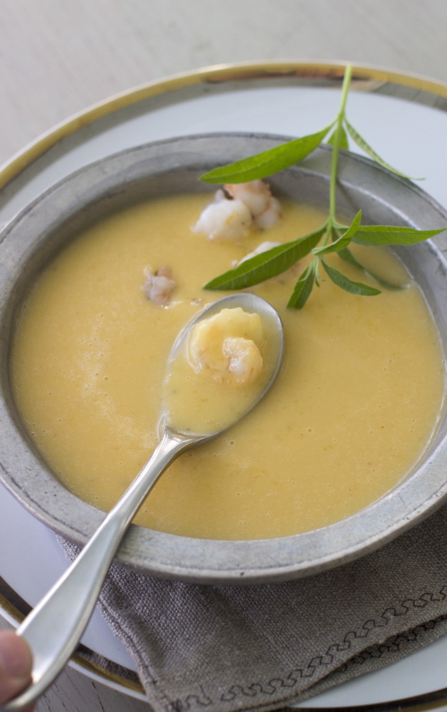 Coconut-butternut squash soup with shrimp.