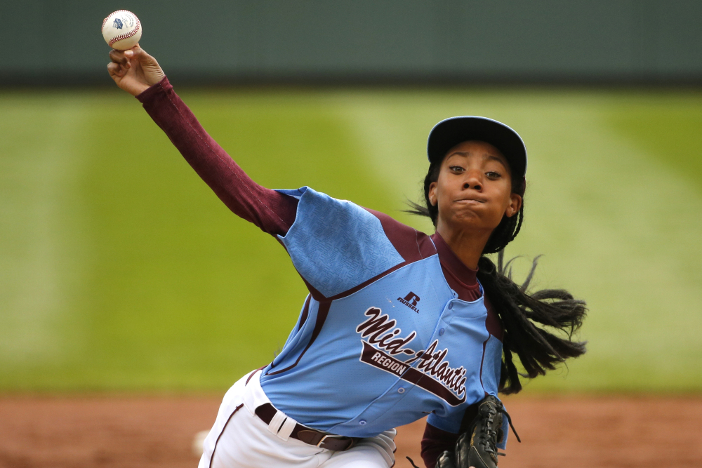 Mo’ne Davis pitches on Aug. 15 in the Little League World Series. Davis, the first girl to win a game in the tournament, will donate the jersey she wore during the game to the museum on Thursday.