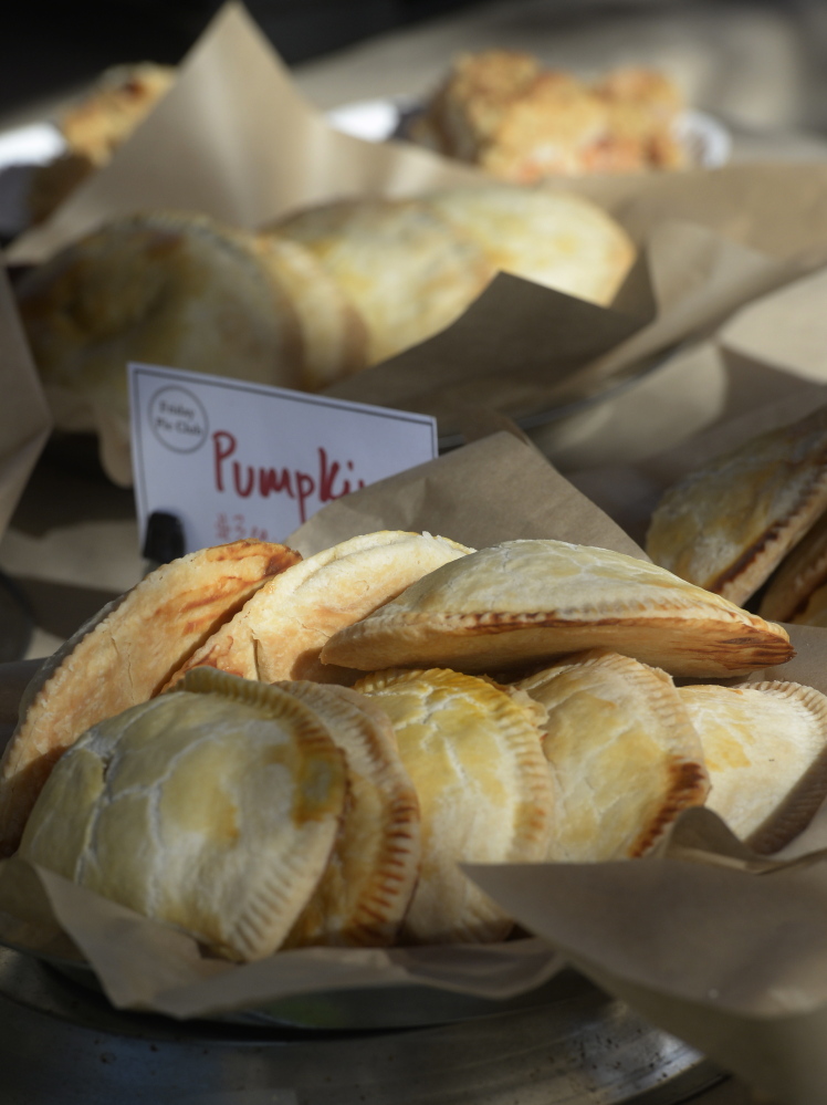 Pumpkin pies by the Friday Pie Club at the Yarmouth Farmers Market. Shawn Patrick Ouellette/Staff Photographer