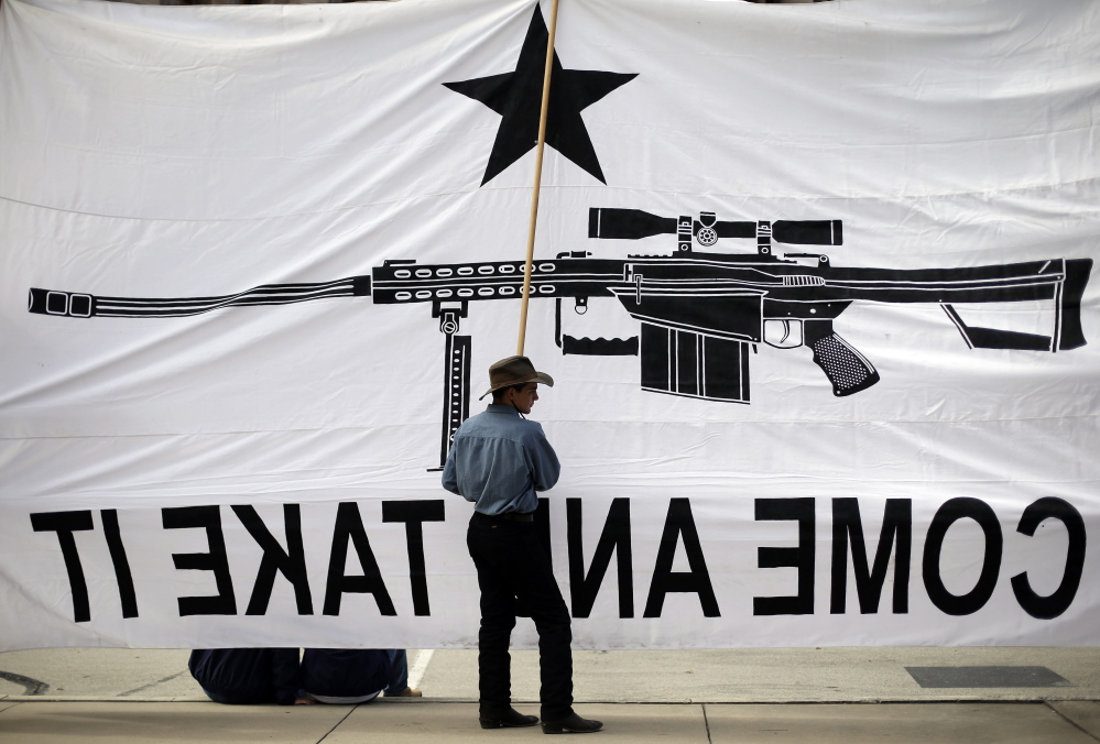 Austin Ehlinger helps hold a banner during a 2103 Guns Across America rally, in Austin, Texas. If a ruling stands after further review in a federal appeals court, it may put the scope of the right to bear arms in front of the Supreme Court.