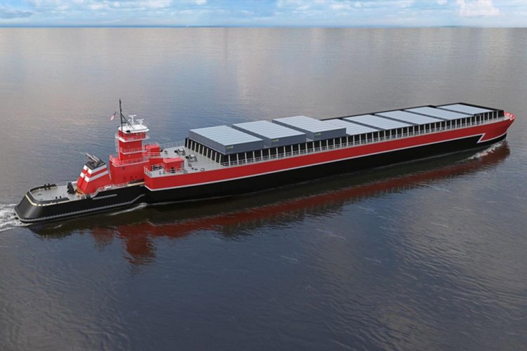 A hybrid tugboat-and-barge vessel, seen in an artist’s rendering, could revive a long-abandoned coastal shipping route between Portland and New York, supporters say.