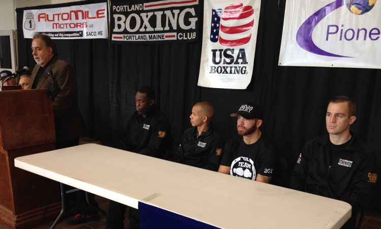 From left, Al Valenti, volunteer marketing and assistant event
coordinator, and boxers Russell Lamour Jr. of Portland, Jorge Abiague of
Portland, Brandon Berry of West Forks, and Jason Quirk of Scarborough
appear at a news conference Monday announcing a Nov. 15 fight card in Portland. 
Yoon Byun/Staff Photographer