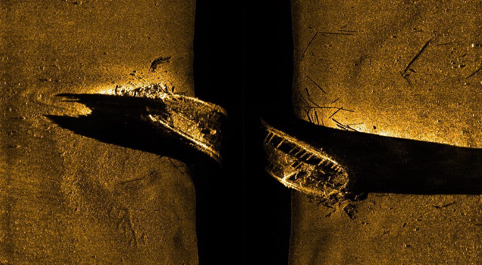 This image released by Parks Canada, on Tuesday shows a side-scan sonar image of a ship on the sea floor in northern Canada.