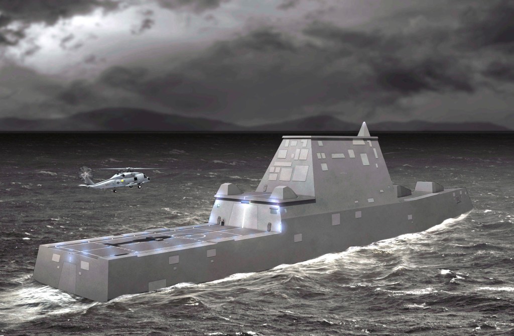 This artist's rendering provided by Northrop Grumman shows a Zumwalt-class stealth destroyer, which features an all-composite deckhouse joined to a steel hull. Bath Iron Works has a contract with the U.S. Navy to build three of ships.