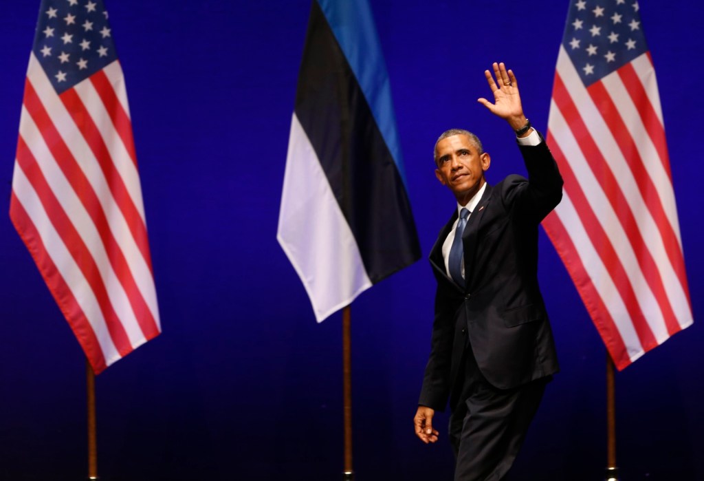 U.S. President Barack Obama waves after speaking at Nordea Concert Hall in Tallinn, Estonia, on Wednesday. Obama is in Estonia for a one-day visit where he will meet with Baltic State leaders before heading to the NATO Summit in Wales.