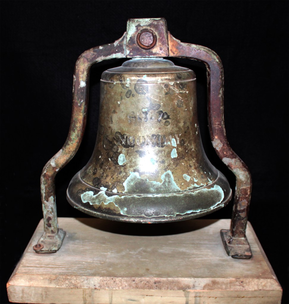 The bell of the Noonday, shown here in a National Maritime Research Center photo, was recovered when it became entangled in the fishing net of the trawler Junta in 1934.