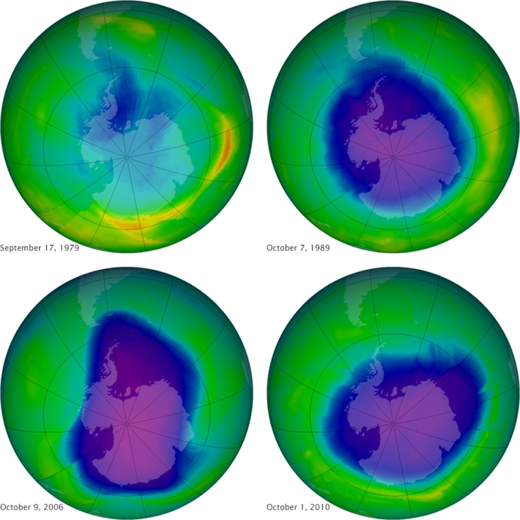 This undated image provided by NASA shows the ozone layer over the years, Sept. 17, 1979, top left, Oct. 7, 1989, top right, Oct. 9, 2006, lower left, and Oct. 1, 2010, lower right. The Associated Press
