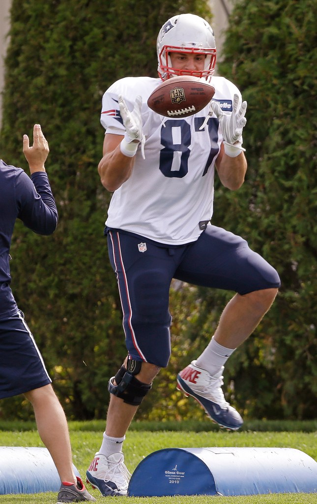 New England Patriots tight end Rob Gronkowski works a running and catching drill before practice begins at the team's facility  in Foxborough, Mass., Wednesday. The Patriots will play the Kansas City Chiefs Monday night in Kansas City. The Associated Press