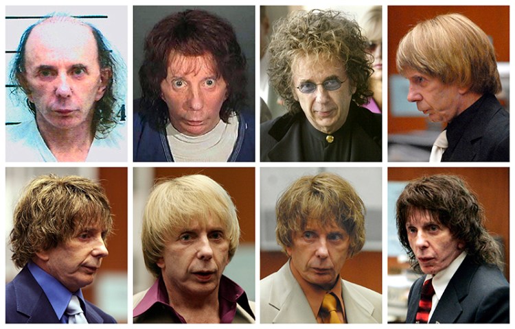 Music producer Phil Spector is pictured wearing a variety of wigs during his murder trial in this combination image made from file photos. Spector, 69, was sentenced to at least 19 years in prison for the 2003 murder of a Hollywood actress and could spend the rest of his life behind bars. Reuters