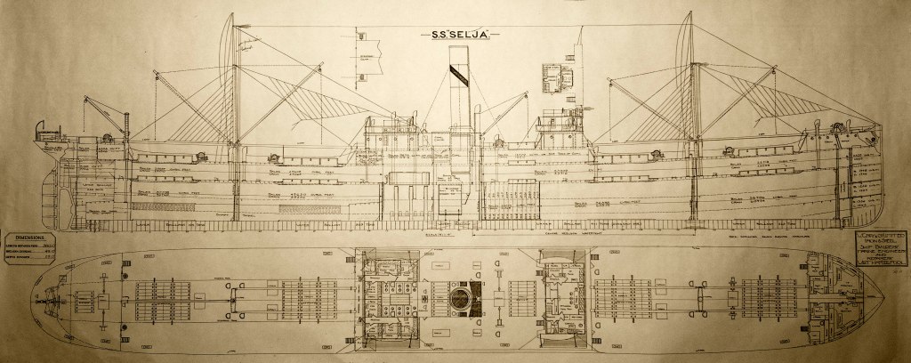 This schematic drawing shows the tramp freighter S.S. Selja, which was found off the California coast near the Farallon Islands. The Selja sank on Nov. 22, 1910. The Associated Press / NOAA