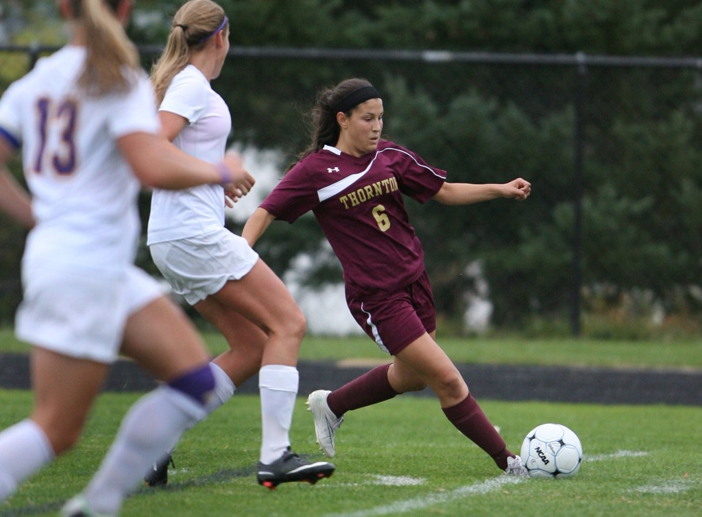 Thornton Academy’s Haley DaGraca brings the ball down field in the first half Wednesday against Cheverus. DaGraca had a goal and an assist in Thornton’s 6-0 win. Joel Page/Staff Photographer