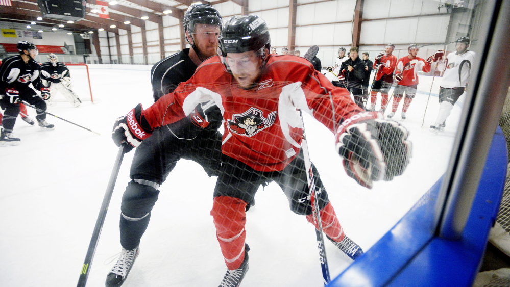 Mark Anthoine, the Lewiston native who played for the University of Maine, got a taste of the fast pace of an American Hockey League training camp Tuesday. Anthoine is working out with the Pirates but has a contract with Evansville of the ECHL.