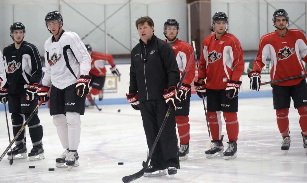 SACO, ME - SEPTEMBER 29: Portland Pirates head coach Ray Edwards looks on during the teams first practice of the season Tuesday, September 30, 2014 in Saco. (Photo by Shawn Patrick Ouellette/Staff Photographer)