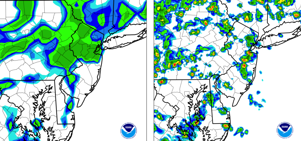In a tale of two forecasts, a NOAA model for New Jersey, left, doesn’t distinguish local hazardous weather while the High Resolution Rapid Refresh model, right, clearly depicts where local thunderstorms are likely.