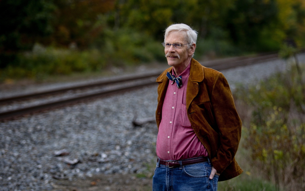 Chalmers Hardenbergh near a railroad in Freeport Wednesday. He said the Pan Am Systems suit against him and his newsletter took “a significant amount of my time, but I’ve enjoyed it because I felt the law was on my side.”