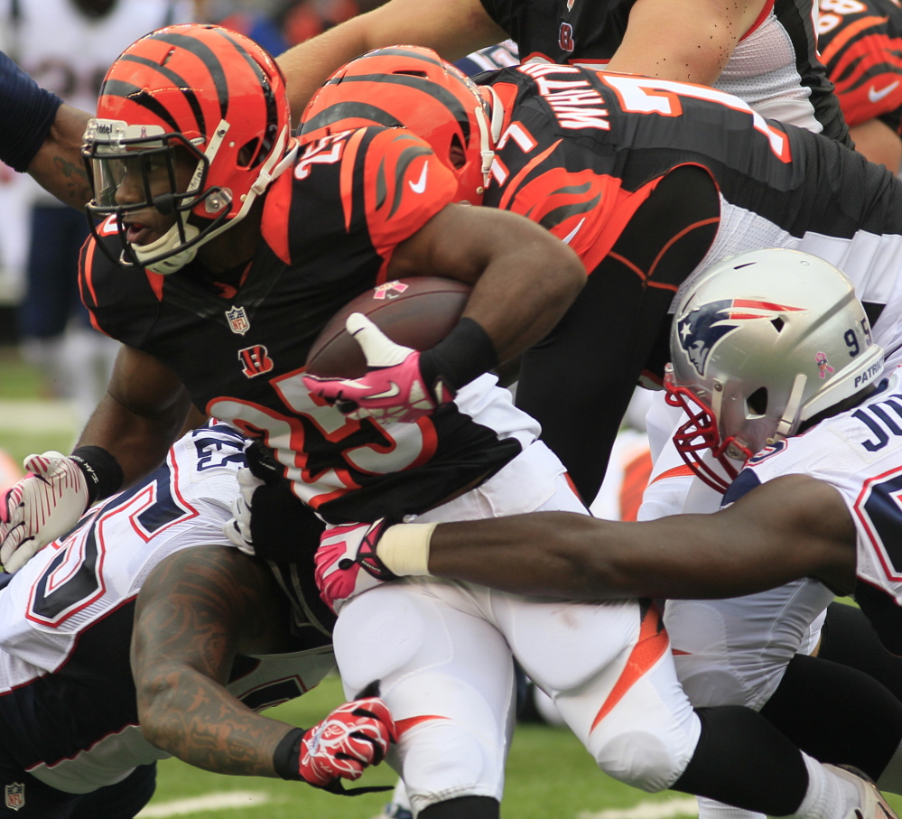 The Bengals and running back Giovani Bernard beat the Patriots 13-6 last October, ending Tom Brady’s stretch of throwing a touchdown pass in 52 straight games.