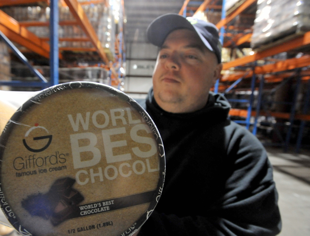 Michael G. Seamans/Morning Sentinel
Todd Parker, shipping and receiving manager at Gifford’s Ice Cream manufacturing plant in Skowhegan, holds a package of chocolate ice cream ready to ship on Thursday. Gifford’s Ice Cream recently was honored as the maker of the best chocolate ice cream entered in a contest conducted by a Wisconsin trade group.