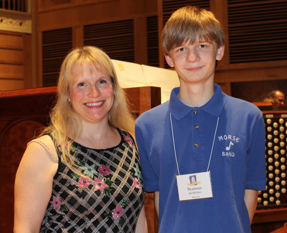 Kym Granger of Bath and her son Seamus Gethicker, a 15-year-old organist and Kotzschmar Organ docent.