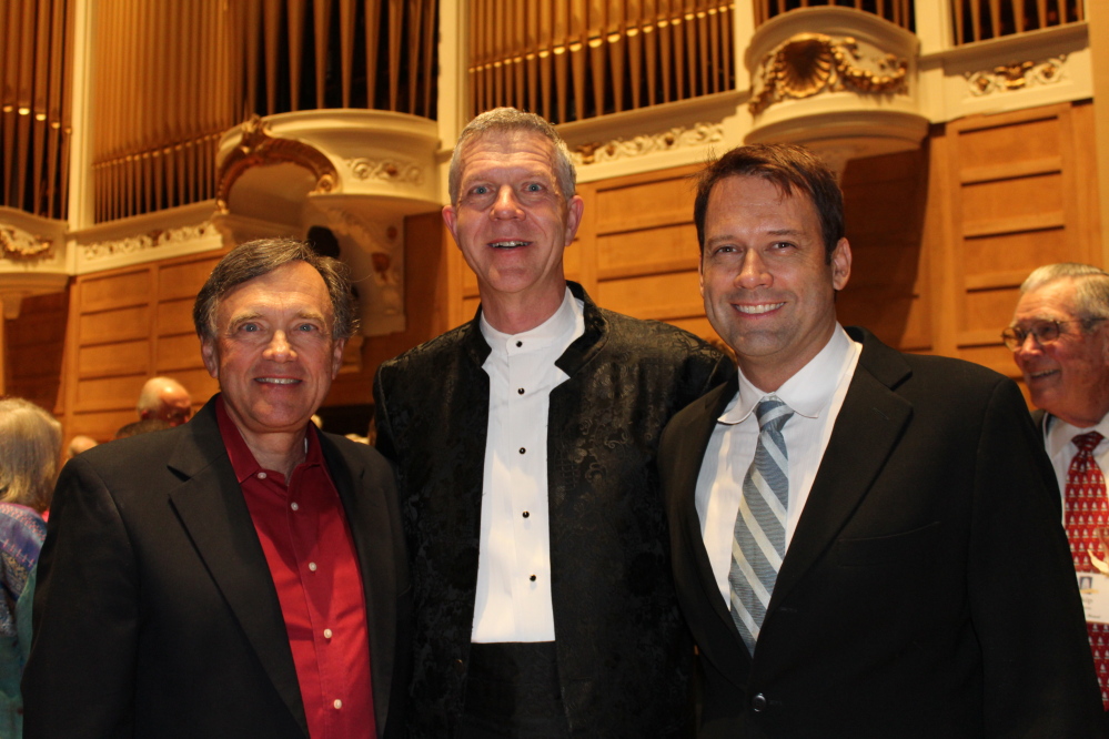 Bob Russell, left, music director of the Choral Art Societ; Ray Cornils, municipal organist, and Robert Moody, music director of the Portland Symphony Orchestra, at the Friends of the Kotzschmar Organ celebration of the instrument’s restoration.