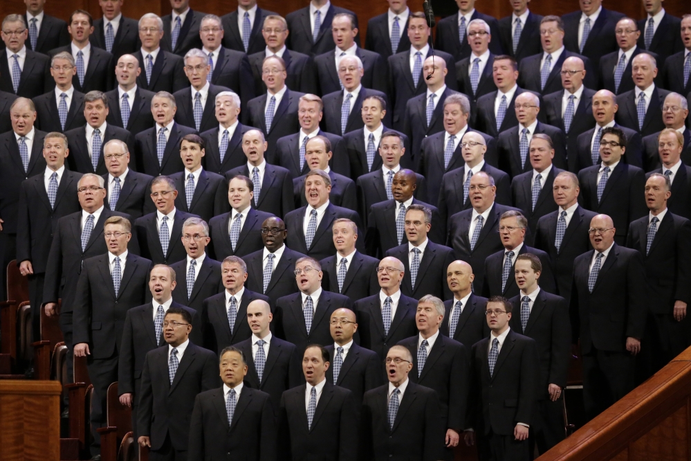 Members of the Mormon Tabernacle Choir sing during the opening session of a two-day Mormon church conference April 5 in Salt Lake City. The expanding international footprint of the Mormon church will be on display this weekend starting Saturday, during a conference that brings 100,000 members to Salt Lake City to listen to guidance and inspiration from church leaders. The Associated Press