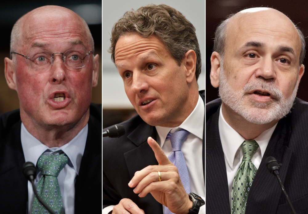 Former Treasury Secretary Henry Paulson, from left, former Treasury Secretary Timothy Geithner and former Federal Reserve Chairman Ben Bernanke will testify this week in a lawsuit over the government’s rescue of insurance giant AIG.