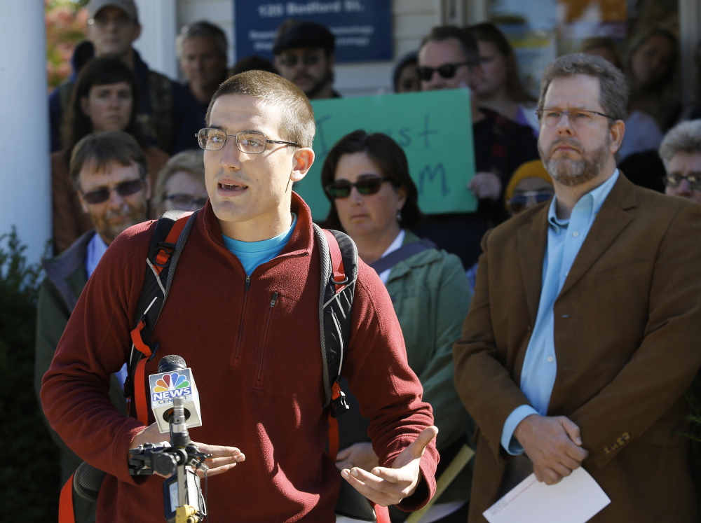 PORTLAND, ME - OCTOBER 6:  Neal Young, a senior with a major in political science and a minor in economics, speaks at a press conference following the announcement of faculty layoffs at the  University of Southern Maine. (Photo by Derek Davis/Staff Photographer)
