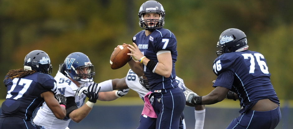 Maine quarterback Dan Collins steps up in the pocket to throw late in the fourth quarter of a 41-20 loss to CAA opponent Villanova Saturday.