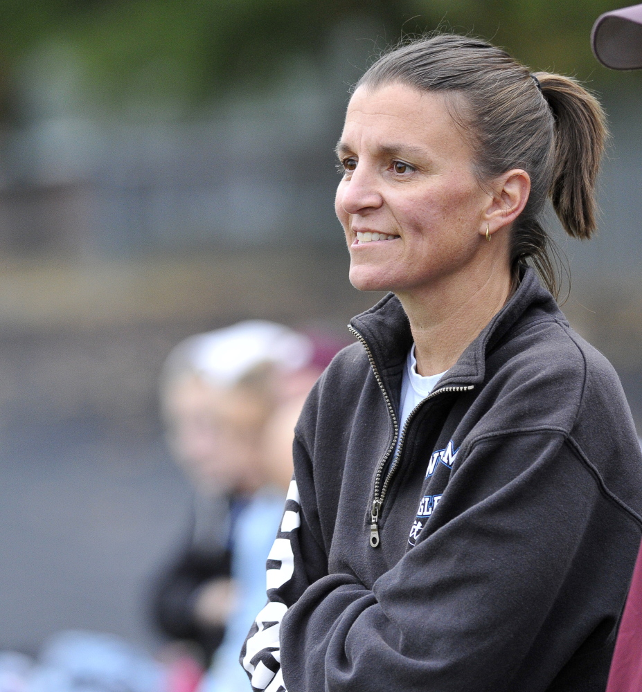 STANDISH, ME - OCTOBER 1: Windham's coach Deb LeBel watches her team as Bonny Eagle girls soccer hosts Windham HS. (Photo by John Patriquin/Staff Photographer)