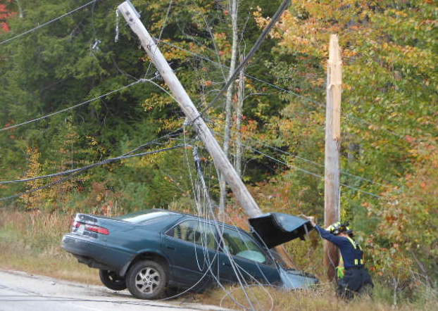A crash on Route 35 in Standish brought down a utility pole Tuesday morning, causing traffic to be rerouted.