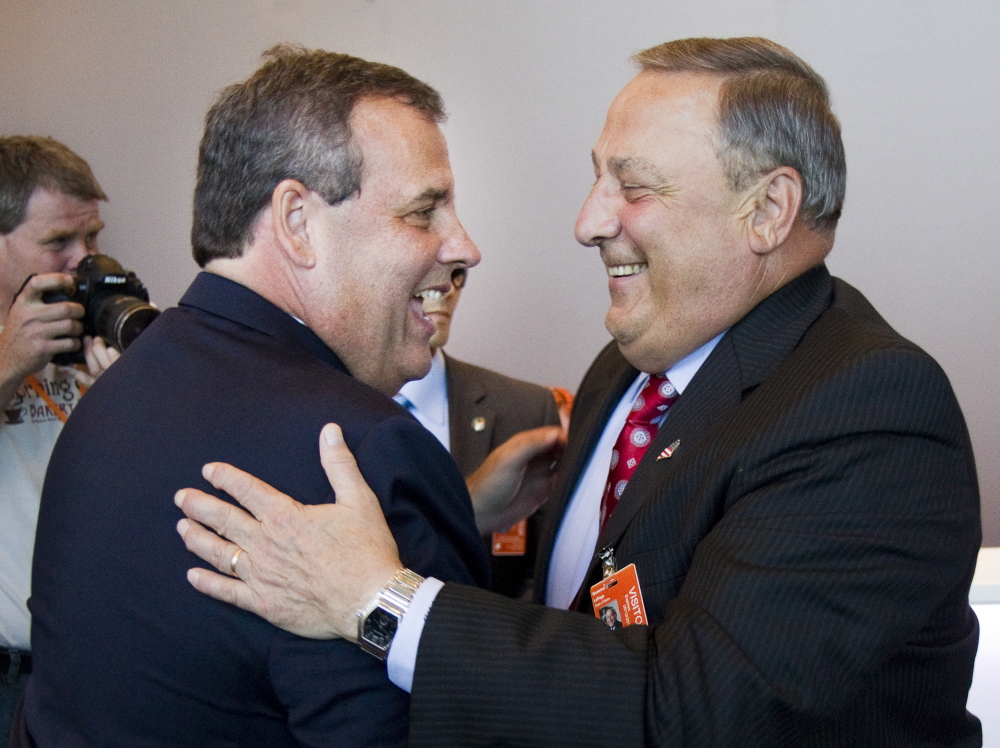 New Jersey Gov. Chris Christie, left, campaigned for Maine Gov. Paul LePage in Bangor in August.