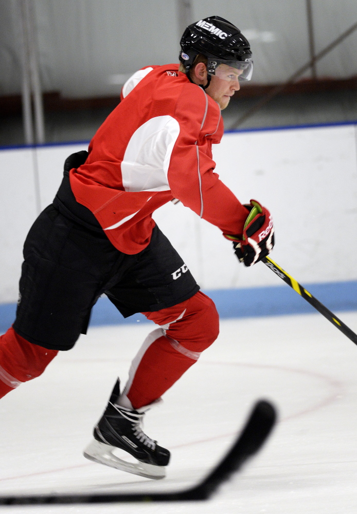 Henrik Samuelsson has been a presence at the Portland Pirates’ training camp, including scoring in both exhibition games. Samuelsson, 20, the son of a memorable ex-NHLer, Ulf Samuelsson, had 95 points last year for the Canadian junior champion.