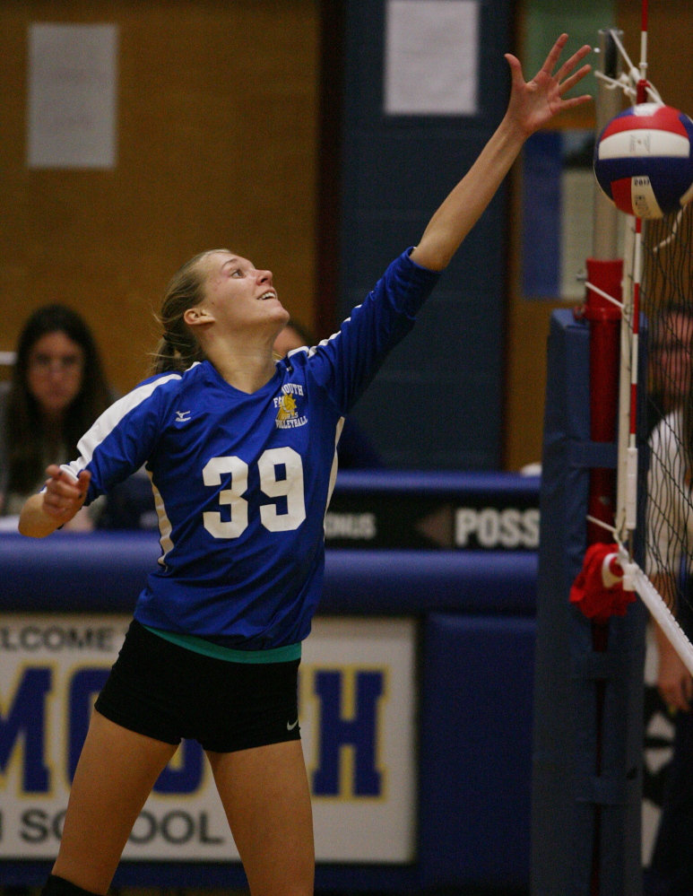 Falmouth’s Lydia Farmer reaches for the ball as it hits the net during Thursday’s home match against Greely. The Yachtsmen swept, getting revenge for a 3-0 loss in Cumberland last month and giving the Rangers their first loss.