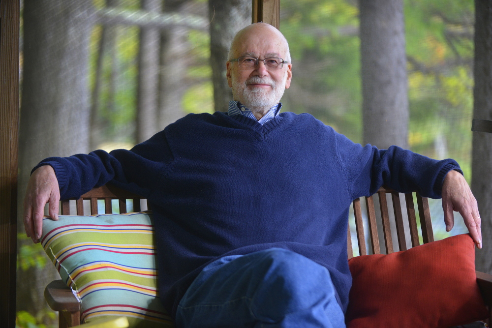 Maine poet laureate, Wesley McNair at his writing camp in Temple. Right, McNair’s latest book, inspired by reuniting with family in the Ozarks after his mother’s death.