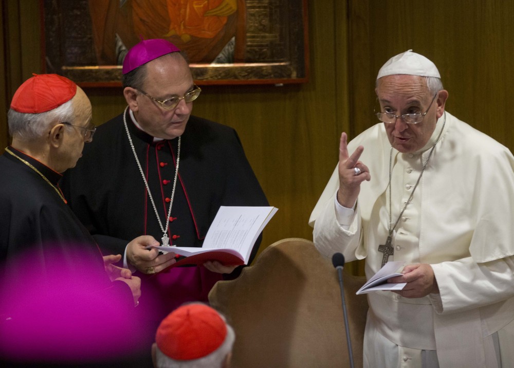 Pope Francis talks to prelates Friday at a two-week Vatican synod on family issues. Gay rights groups are cautiously cheering a shift in tone from the Catholic Church toward homosexuals, encouraged by Pope Francis’ famous “Who am I to judge?” position.