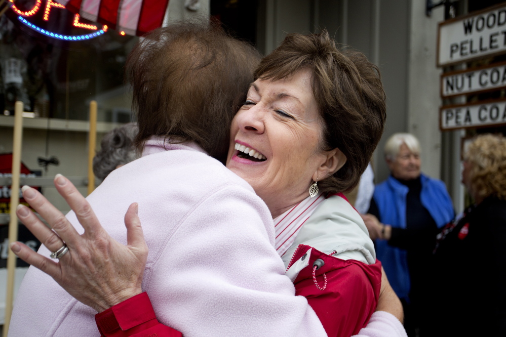 Sen. Susan Collins, R-Maine, hugs Judy Howe while campaigning on Main Street in Yarmouth. It was clear during Collins’ recent swing through Gray, Yarmouth and North Yarmouth that many Mainers know her.