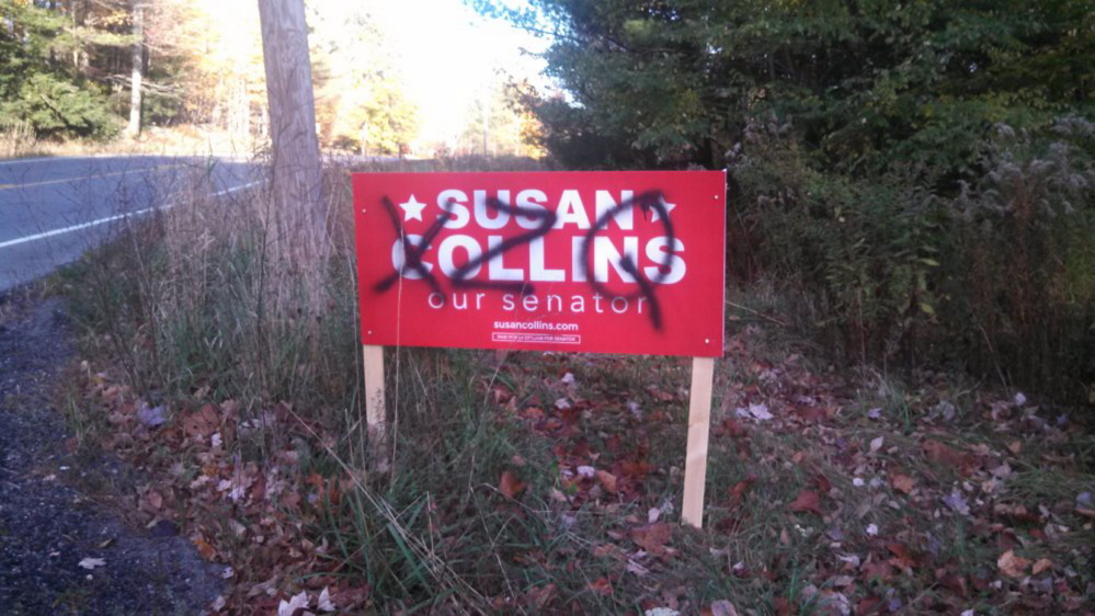 Political campaign signs, mostly for U.S. Sen. Susan Collins, were defaced in multiple Maine towns.