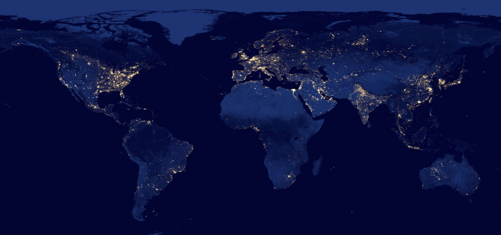 City lights worldwide can be seen from space. An increasing number of scientists use the word “Anthropocene,” which means "the age of humans," because of human impact on Earth..