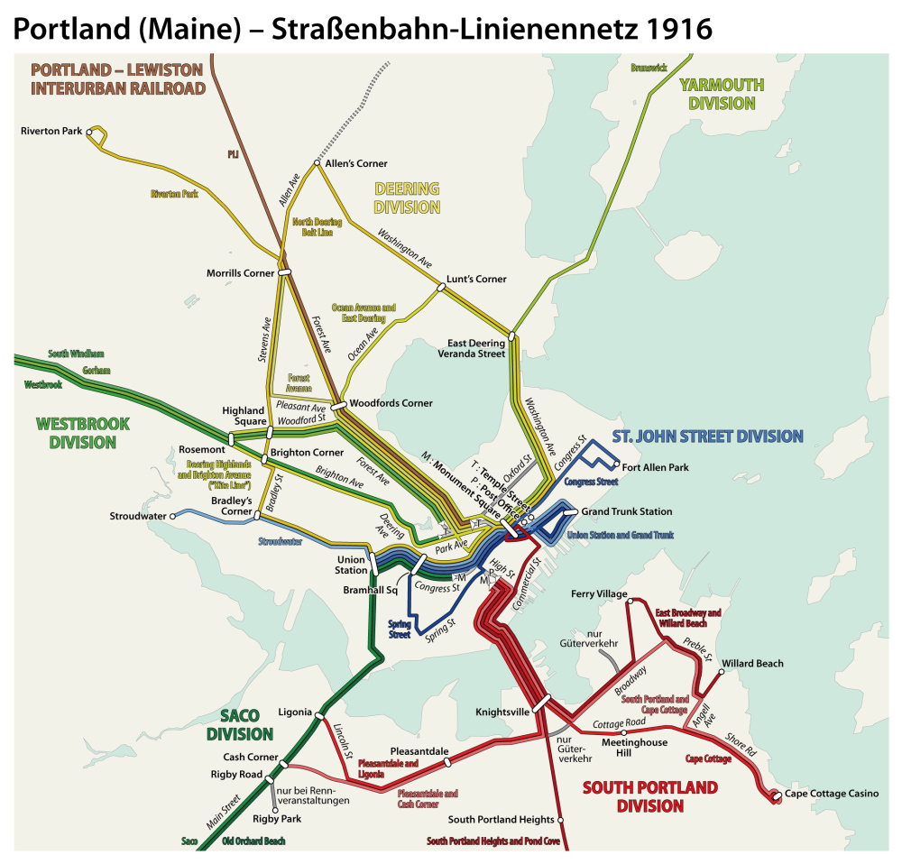 A German Wikipedia contributor’s schematic map shows Portland’s streetcar (or Strassenbahn, in German) network, as it was in 1916.