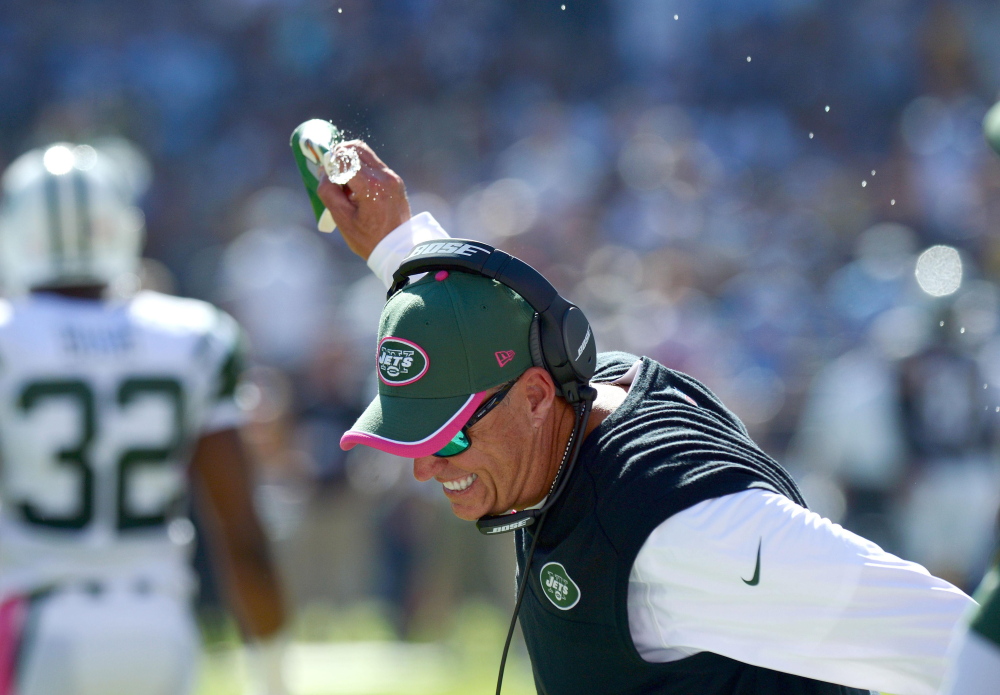 New York Jets Coach Rex Ryan slams a cup of water down during a 31-0 loss to the Chargers at San Diego on Oct. 5. The Jets are 1-5 and have lost five in a row – the worst stretch in Ryan’s six seasons.