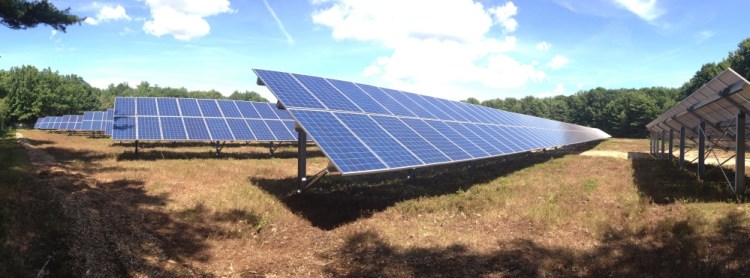 Part of Bowdoin College’s new 1.2 megawatt solar power system, located in a field at the former Brunswick Naval Air Station.