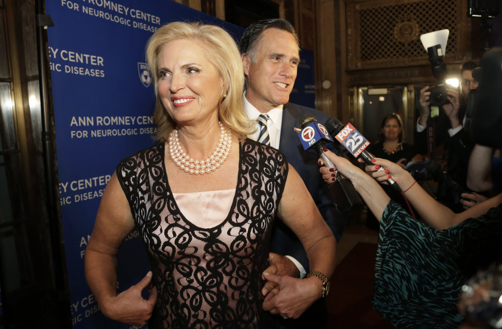Ann and Mitt Romney arrive at the Citi Performing Arts Center Wang Theatre last week for an event to announce the Ann Romney Center for Neurologic Diseases in Boston.