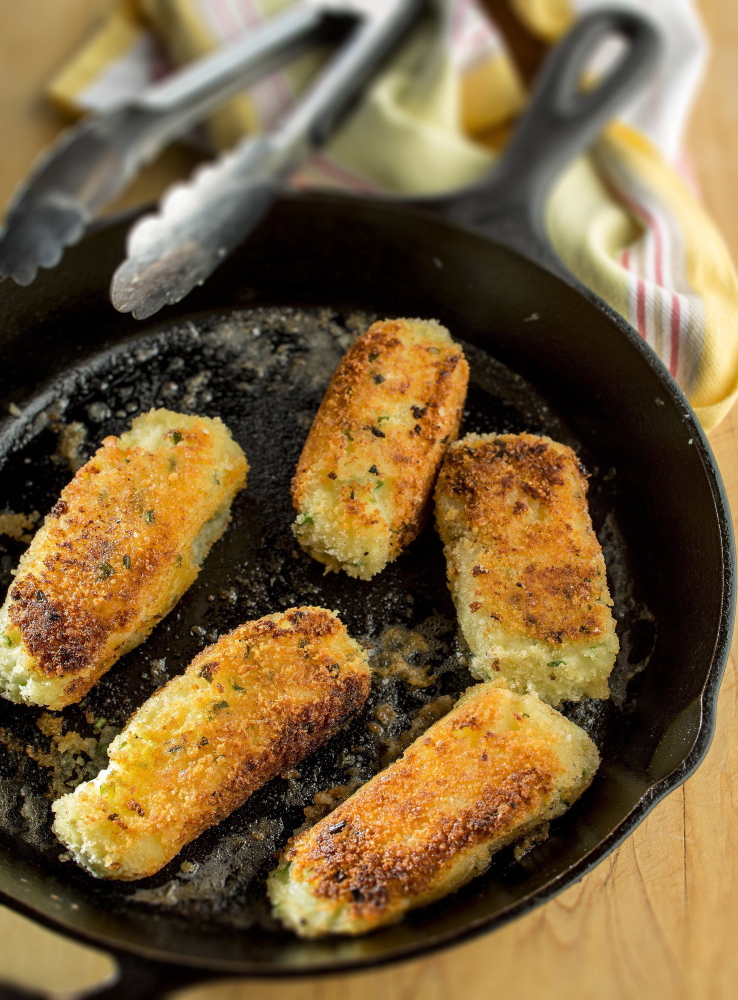 Chive-studded potato croquettes get nicely carmelized from a quick turn in the skillet.