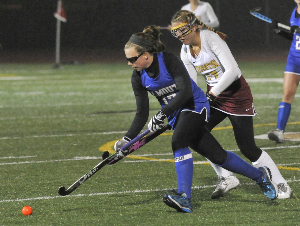 Morgan Allen of Falmouth heads down the field while attempting to keep the ball away from Karaghan Curran of Thornton Academy. Thornton will take a 12-3 record into its rematch with undefeated Scarborough, which beat the Trojans in overtime last month.