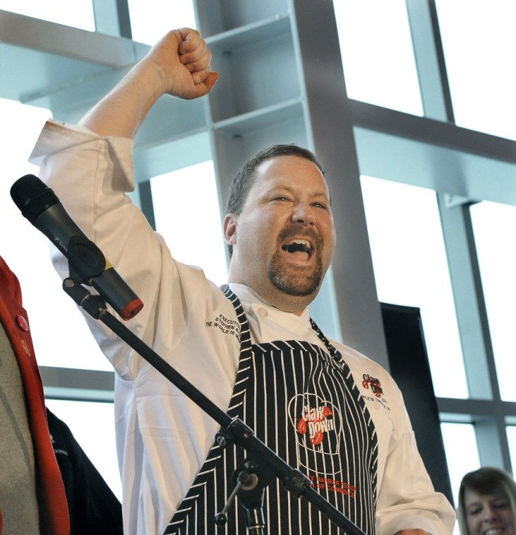 Chef Stephen Richards celebrates his 2016 Lobster Chef of the Year win. Richards, now of the Boothbay Harbor Inn, claimed the 2017 title Friday.