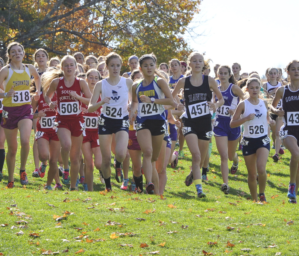 Runners jockey for position at the start of the Class A girls’ race during the Western Maine cross country regionals Saturday at Twin Brook Recreational Area in Cumberland. Massabesic (Class A), Yarmouth (Class B) and Waynflete (Class C) won team titles.