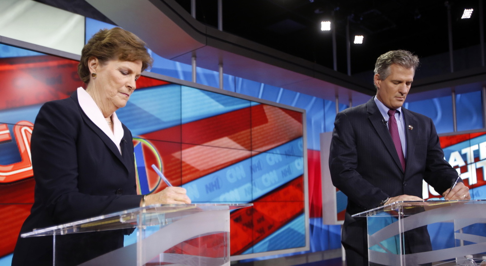 U.S. Sen. Jeanne Shaheen, D-N.H., left, and former Massachusetts Republican U.S. Sen. Scott Brown prepare for a debate last week but there were no big, momentum-shifting moments. Democrats have become more nervous about this race.