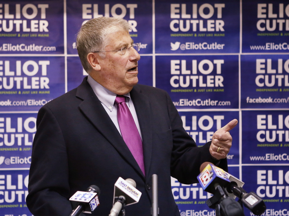 Independent Eliot Cutler, at his headquarters Tuesday in Portland: “I am not standing down ... and neither should those voters whose consciences compel them to ... vote for me.”